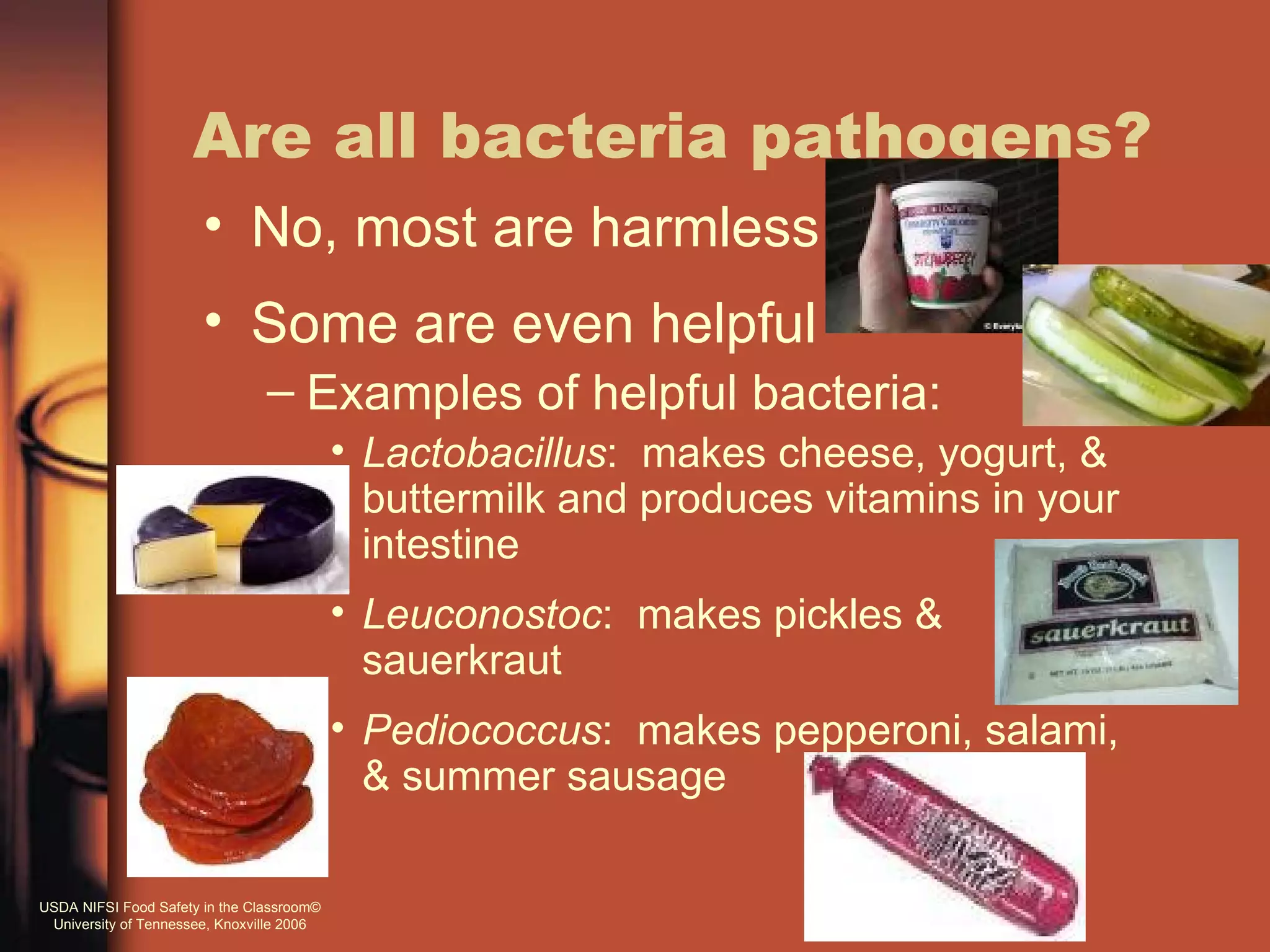 Are all bacteria pathogens?
                       • No, most are harmless
                       • Some are even helpful
                                – Examples of helpful bacteria:
                                           • Lactobacillus: makes cheese, yogurt, &
                                             buttermilk and produces vitamins in your
                                             intestine
                                           • Leuconostoc: makes pickles &
                                             sauerkraut
                                           • Pediococcus: makes pepperoni, salami,
                                             & summer sausage

USDA NIFSI Food Safety in the Classroom©
 University of Tennessee, Knoxville 2006
 