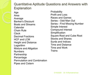 Quantitative Aptitude Questions and Answers with
Explanation
5/16/2020 Dr. N.Ramakrishnan
Age
Area
Average
Banker's Discount
Boats and Streams
Calendar
Chain Rule
Clock
Decimal Fractions
HCF and LCM
Height and Distance
Logarithm
Mixture and Alligation
Numbers
Partnership
Percentage
Permutation and Combination
Pipes and Cistern
Probability
Profit and Loss
Races and Games
Series - Odd Man Out
Series - Find Missing Number
Simple Interest
Compound Interest
Simplification
Square Root and Cube Root
Stocks and Shares
Surds and Indices
Time and Distance
Time and Work
Trains
 