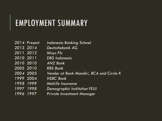 EMPLOYMENT SUMMARY
2014 Present Indonesia Banking School
2013 2014 Deutschebank AG
2011 2012 Misys Plc
2010 2011 DBS Indonesia
2010 2010 ANZ Bank
2005 2010 RBS Bank
2004 2005 Vendor at Bank Mandiri, BCA and Circle K
1999 2004 HSBC Bank
1998 1999 MetLife Insurance
1997 1998 Demographic Institution FEUI
1996 1997 Private Investment Manager
 