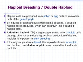 Haploid Breeding / Double Haploid
Haploid cells are produced from pollen or egg cells or from other
cells of the gametophyte
By induced or spontaneous chromosome doubling, a doubled
haploid cell is produced, which can be grown into a doubled
haploid plant.
A doubled haploid (DH) is a genotype formed when haploid cells
undergo chromosome doubling. Artificial production of doubled
haploids is important in plant breeding.
If the original plant was diploid, the haploid cells are monoploid,
and the term doubled monoploid may be used for the doubled
haploids.
 