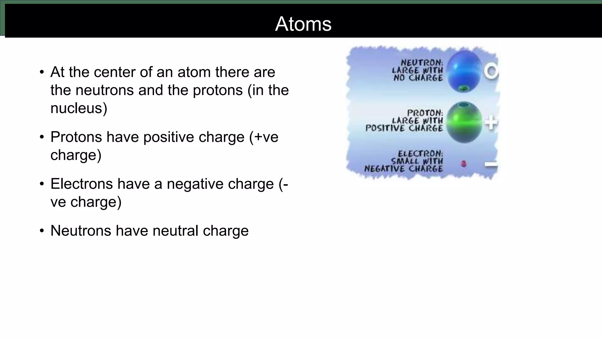 Atoms
• At the center of an atom there are
the neutrons and the protons (in the
nucleus)
• Protons have positive charge (+ve
charge)
• Electrons have a negative charge (-
ve charge)
• Neutrons have neutral charge
 