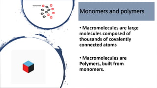 Monomers and polymers
• Macromolecules are large
molecules composed of
thousands of covalently
connected atoms
• Macromolecules are
Polymers, built from
monomers.
 