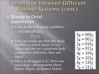    Binary to Decimal conversion
       To convert a base 2 numbers to base 10, you must
        know the decimal equival...