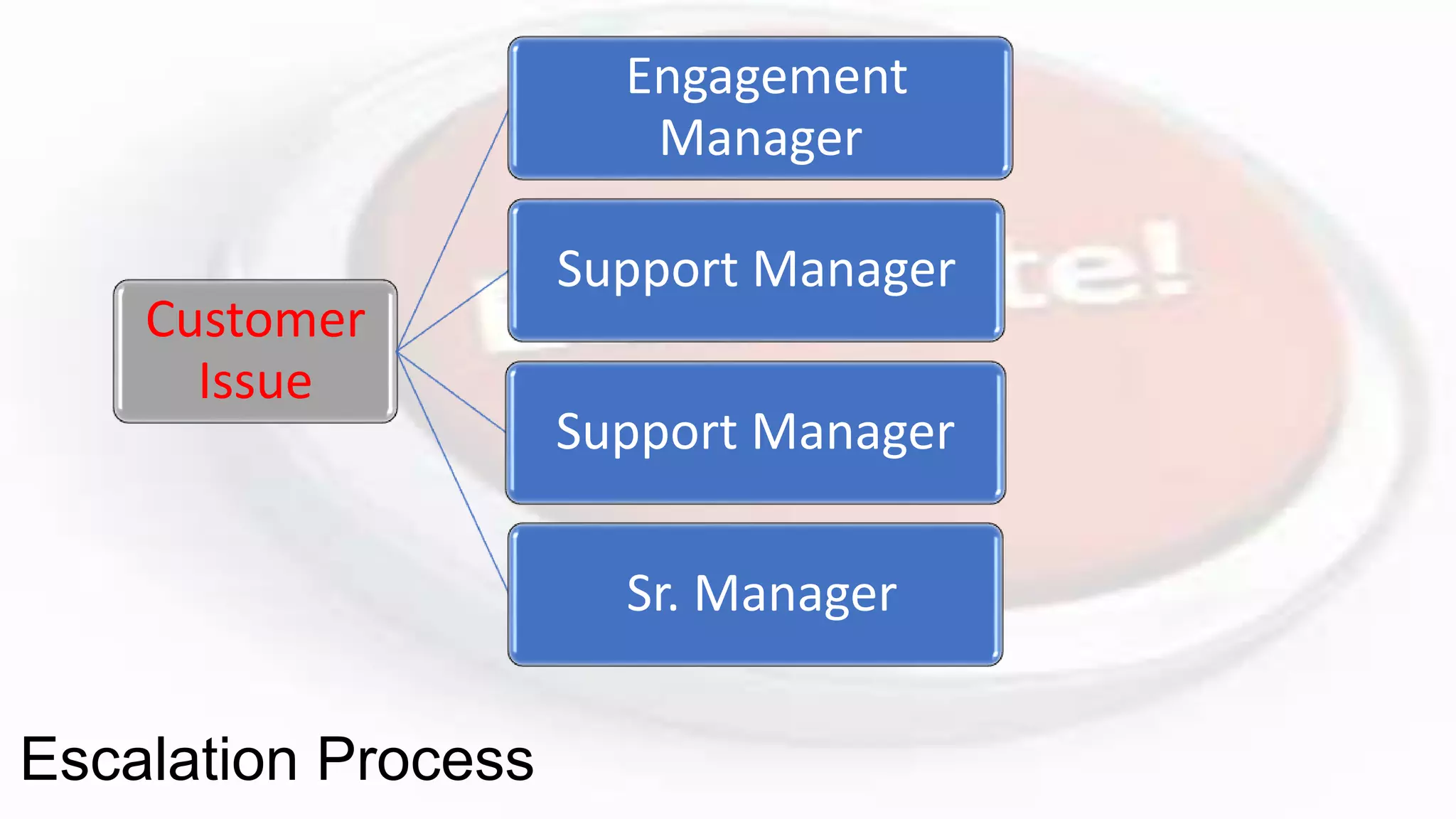 Customer
Issue
Engagement
Manager
Support Manager
Support Manager
Sr. Manager
Escalation Process