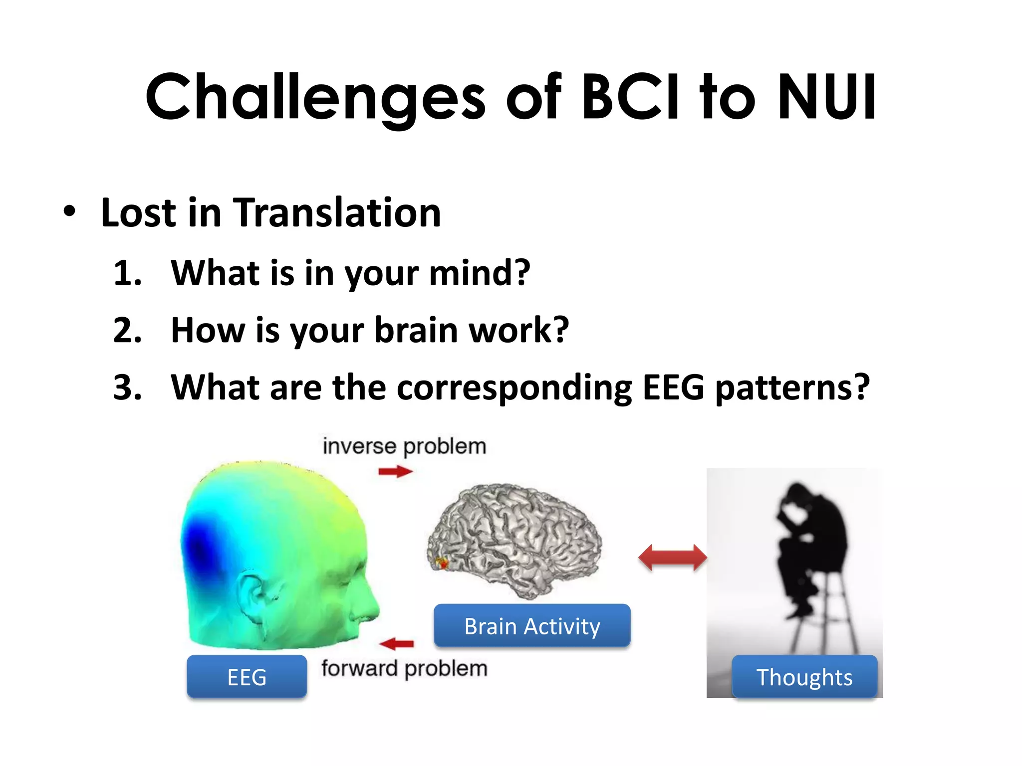 Challenges of BCI to NUI
• Lost in Translation
  1. What is in your mind?
  2. How is your brain work?
  3. What are the corresponding EEG patterns?




                        Brain Activity

         EEG                             Thoughts
 
