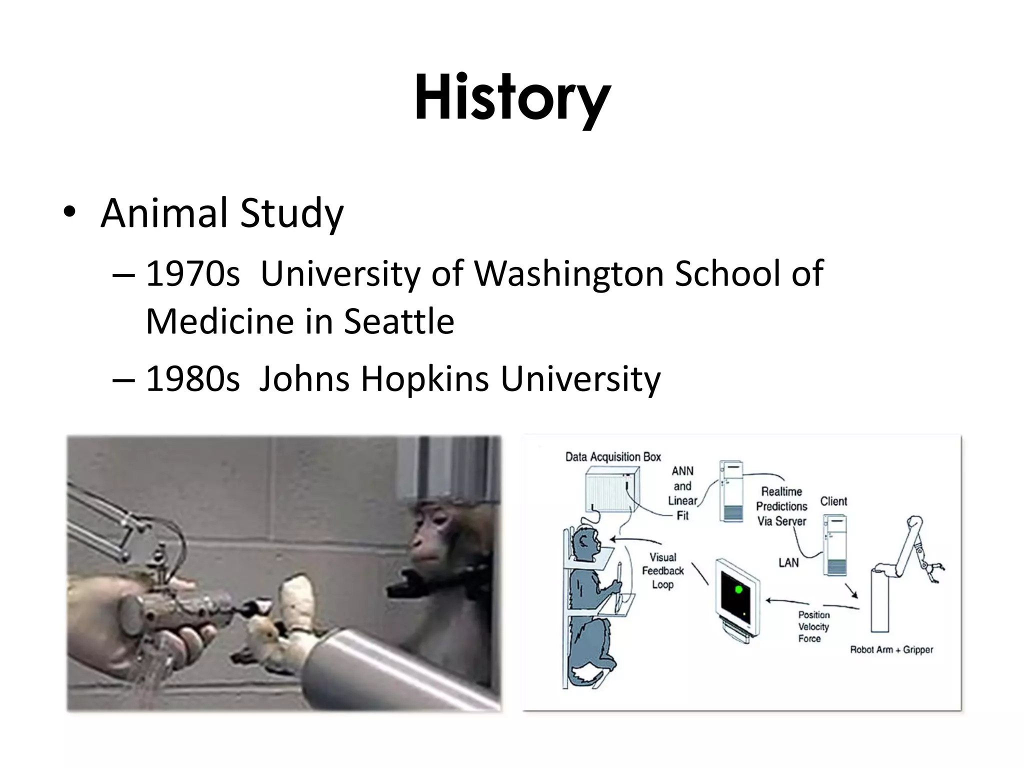 History
• Animal Study
  – 1970s University of Washington School of
    Medicine in Seattle
  – 1980s Johns Hopkins University
 