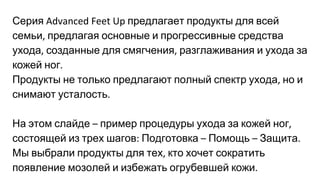 Серия предлагает продукты для всей
семьи предлагая основные и прогрессивные средства
ухода созданные для смягчения разглаживания и ухода за
кожей ног
Продукты не только предлагают полный спектр ухода но и
снимают усталость
На этом слайде пример процедуры ухода за кожей ног
состоящей из трех шагов Подготовка Помощь Защита
Мы выбрали продукты для тех кто хочет сократить
появление мозолей и избежать огрубевшей кожи
 
