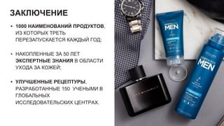 ЗАКЛЮЧЕНИЕ
• 1000 НАИМЕНОВАНИЙ ПРОДУКТОВ,
ИЗ КОТОРЫХ ТРЕТЬ
ПЕРЕЗАПУСКАЕТСЯ КАЖДЫЙ ГОД;
• НАКОПЛЕННЫЕ ЗА 50 ЛЕТ
ЭКСПЕРТНЫЕ ЗНАНИЯ В ОБЛАСТИ
УХОДА ЗА КОЖЕЙ;
• УЛУЧШЕННЫЕ РЕЦЕПТУРЫ,
РАЗРАБОТАННЫЕ 150 УЧЕНЫМИ В
ГЛОБАЛЬНЫХ
ИССЛЕДОВАТЕЛЬСКИХ ЦЕНТРАХ.
 