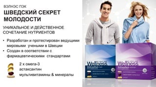 ВЭЛНЭС ПЭК
ШВЕДСКИЙ СЕКРЕТ
МОЛОДОСТИ
УНИКАЛЬНОЕ И ДЕЙСТВЕННОЕ
СОЧЕТАНИЕ НУТРИЕНТОВ
• Разработан и протестирован ведущими
мировыми учеными в Швеции
• Создан в соответствии с
фармацевтическими стандартами
2 x омега-3
астаксантин
мультивитамины & минералы
 