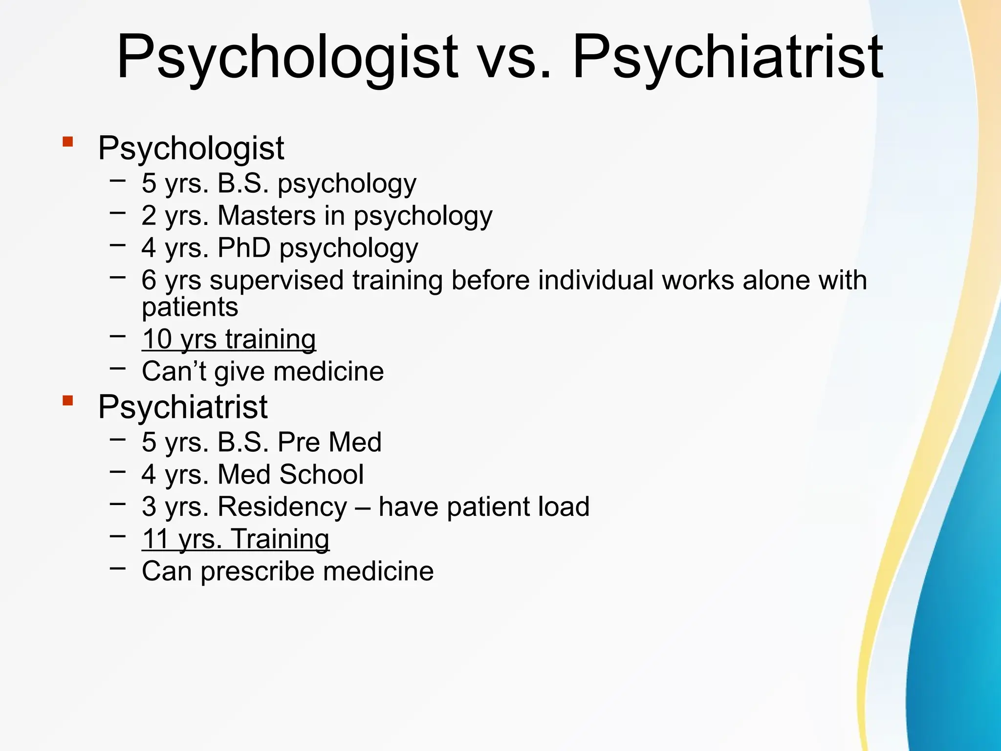 Psychologist vs. Psychiatrist
 Psychologist
– 5 yrs. B.S. psychology
– 2 yrs. Masters in psychology
– 4 yrs. PhD psychology
– 6 yrs supervised training before individual works alone with
patients
– 10 yrs training
– Can’t give medicine
 Psychiatrist
– 5 yrs. B.S. Pre Med
– 4 yrs. Med School
– 3 yrs. Residency – have patient load
– 11 yrs. Training
– Can prescribe medicine
 