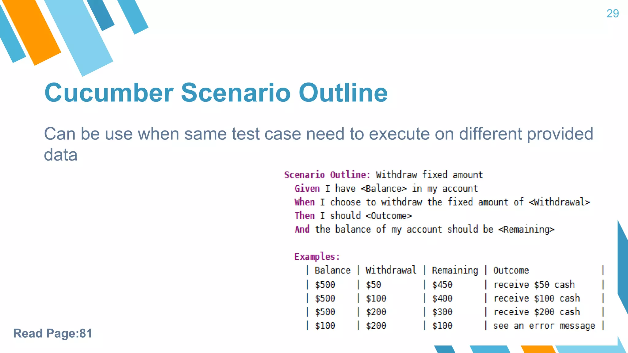 Cucumber Scenario Outline 29 Can be use when same test case need to execute on different provided data Read Page:81 