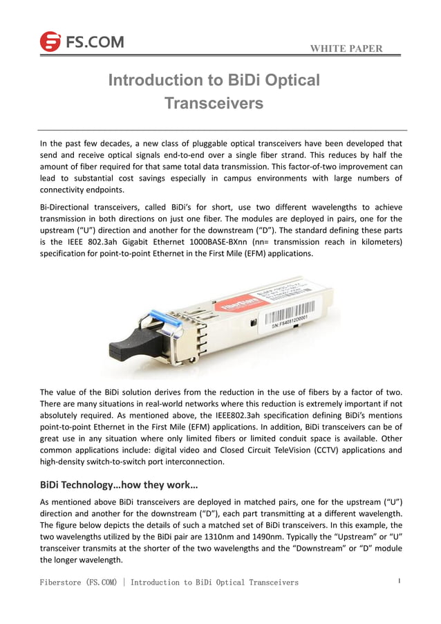 Introduction to BiDi Optical Transceivers