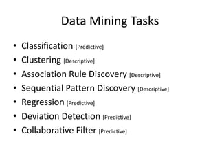 Data Mining Tasks
•
•
•
•
•
•
•

Classification [Predictive]
Clustering [Descriptive]
Association Rule Discovery [Descriptive]
Sequential Pattern Discovery [Descriptive]
Regression [Predictive]
Deviation Detection [Predictive]
Collaborative Filter [Predictive]

 