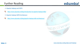 Slide 28 www.edureka.co/big-data-and-hadoop
Further Reading
 Apache Hadoop and HDFS
http://www.edureka.in/blog/introduction-to-apache-hadoop-hdfs/
 Apache Hadoop HDFS Architecture
http://www.edureka.in/blog/apache-hadoop-hdfs-architecture/
 