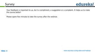 Slide 30
Your feedback is important to us, be it a compliment, a suggestion or a complaint. It helps us to make
the course better!
Please spare few minutes to take the survey after the webinar.
www.edureka.co/big-data-and-hadoop
Survey
 