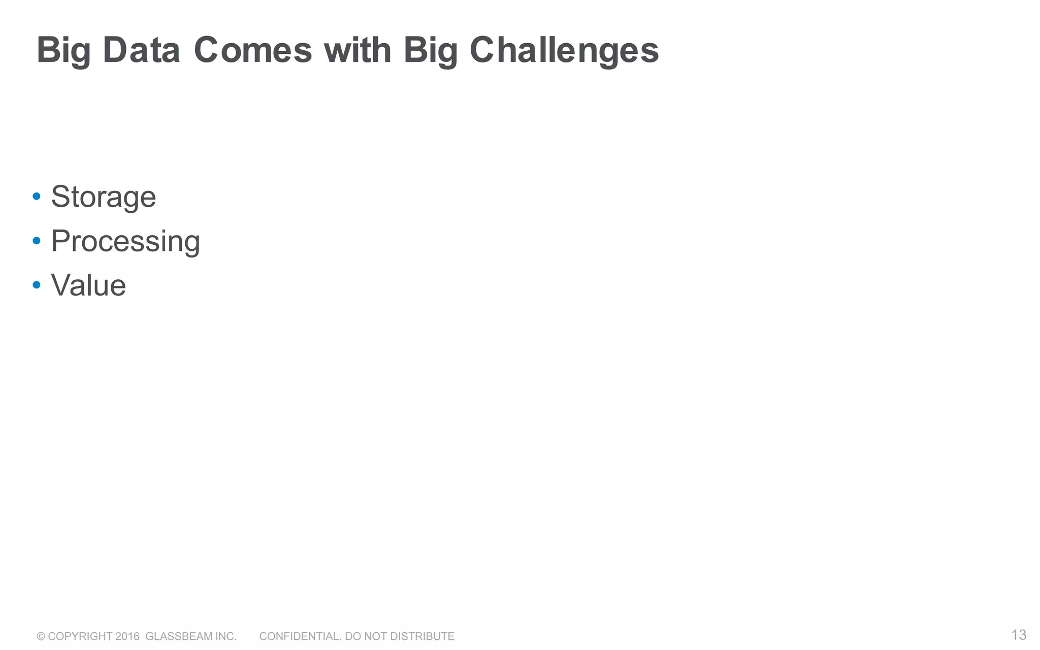 © COPYRIGHT 2016 GLASSBEAM INC. CONFIDENTIAL. DO NOT DISTRIBUTE 13
Big Data Comes with Big Challenges
• Storage
• Processing
• Value
 