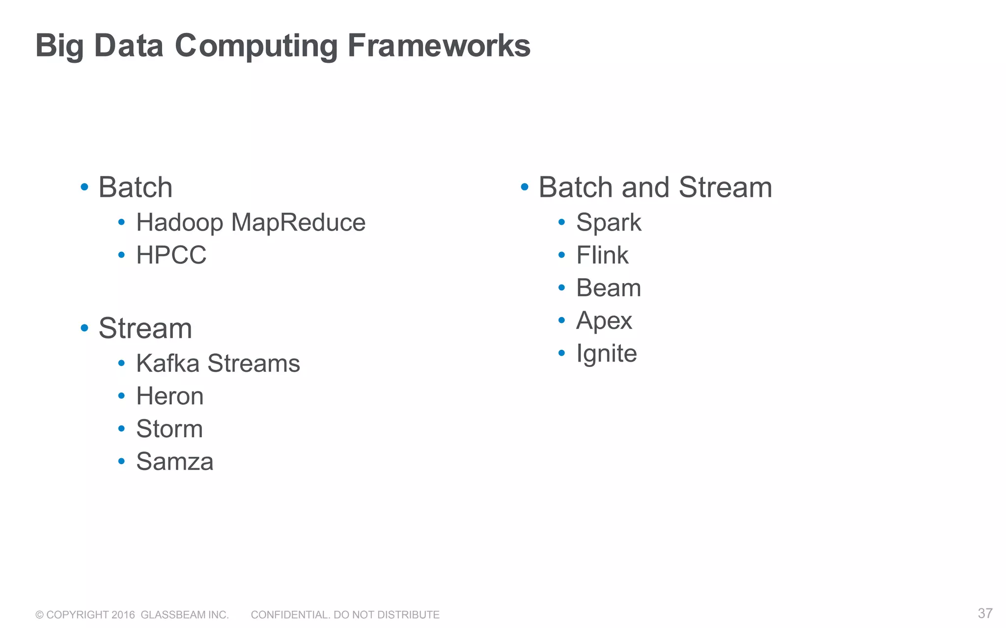 © COPYRIGHT 2016 GLASSBEAM INC. CONFIDENTIAL. DO NOT DISTRIBUTE 37
• Batch
• Hadoop MapReduce
• HPCC
• Stream
• Kafka Streams
• Heron
• Storm
• Samza
• Batch and Stream
• Spark
• Flink
• Beam
• Apex
• Ignite
Big Data Computing Frameworks
37
 