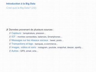 Introduction à la Big Data
✘ Données provenant de plusieurs sources :
✗ Capteurs : température, pression…
✗ IOT : montres connectées, balances, Smartphones…
✗ Messages sur les réseaux sociaux : tweet, posts…
✗ Transactions et logs : banques, e-commerce…
✗ Images, vidéos et sons : instagram, youtube, snapchat, deezer, spotify…
✗ Autres : GPS, email, sms…
C’est quoi la Big Data? (2/2)
 