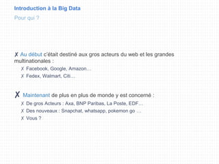 Introduction à la Big Data
✘ Au début c’était destiné aux gros acteurs du web et les grandes
multinationales :
✗ Facebook, Google, Amazon…
✗ Fedex, Walmart, Citi…
✘ Maintenant de plus en plus de monde y est concerné :
✗ De gros Acteurs : Axa, BNP Paribas, La Poste, EDF…
✗ Des nouveaux : Snapchat, whatsapp, pokemon go …
✗ Vous ?
Pour qui ?
 