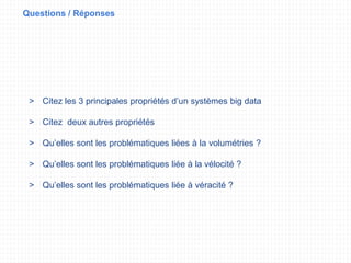Questions / Réponses
> Citez les 3 principales propriétés d’un systèmes big data
> Citez deux autres propriétés
> Qu’elles sont les problématiques liées à la volumétries ?
> Qu’elles sont les problématiques liée à la vélocité ?
> Qu’elles sont les problématiques liée à véracité ?
 
