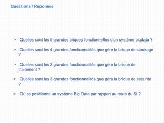 Questions / Réponses
> Quelles sont les 5 grandes briques fonctionnelles d’un système bigdata ?
> Quelles sont les 4 grandes fonctionnalités que gère la brique de stockage
?
> Quelles sont les 3 grandes fonctionnalités que gère la brique de
traitement ?
> Quelles sont les 3 grandes fonctionnalités que gère la brique de sécurité
?
> Où se positionne un système Big Data par rapport au reste du SI ?
 