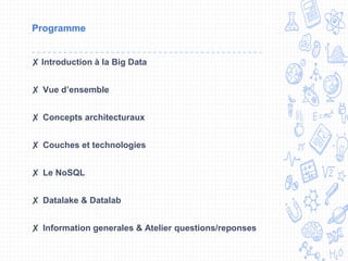 Programme
✘ Introduction à la Big Data
✘ Vue d’ensemble
✘ Concepts architecturaux
✘ Couches et technologies
✘ Le NoSQL
✘ Datalake & Datalab
✘ Information generales & Atelier questions/reponses
 