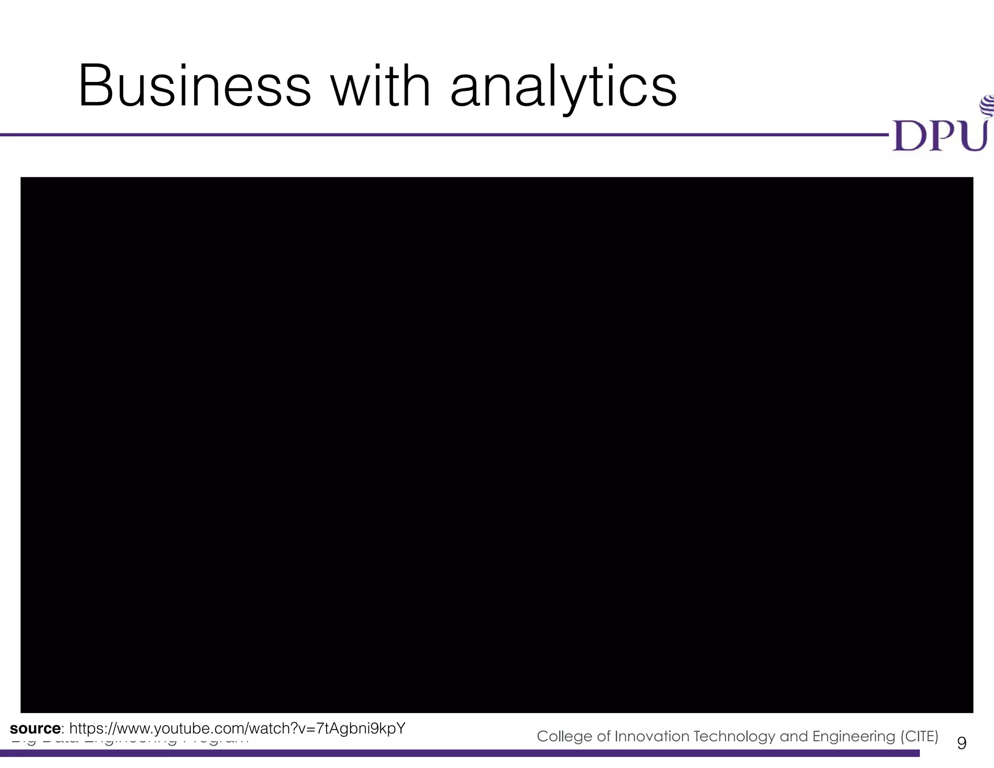 Big Data Engineering Program College of Innovation Technology and Engineering (CITE)
Business with analytics
9
source: https://www.youtube.com/watch?v=7tAgbni9kpY
 