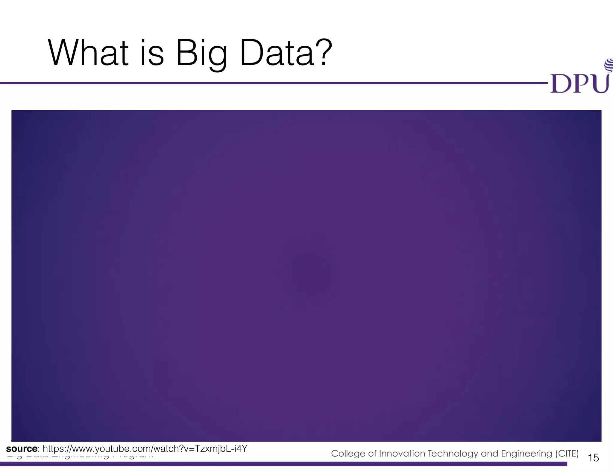 Big Data Engineering Program College of Innovation Technology and Engineering (CITE)
What is Big Data?
15
source: https://www.youtube.com/watch?v=TzxmjbL-i4Y
 