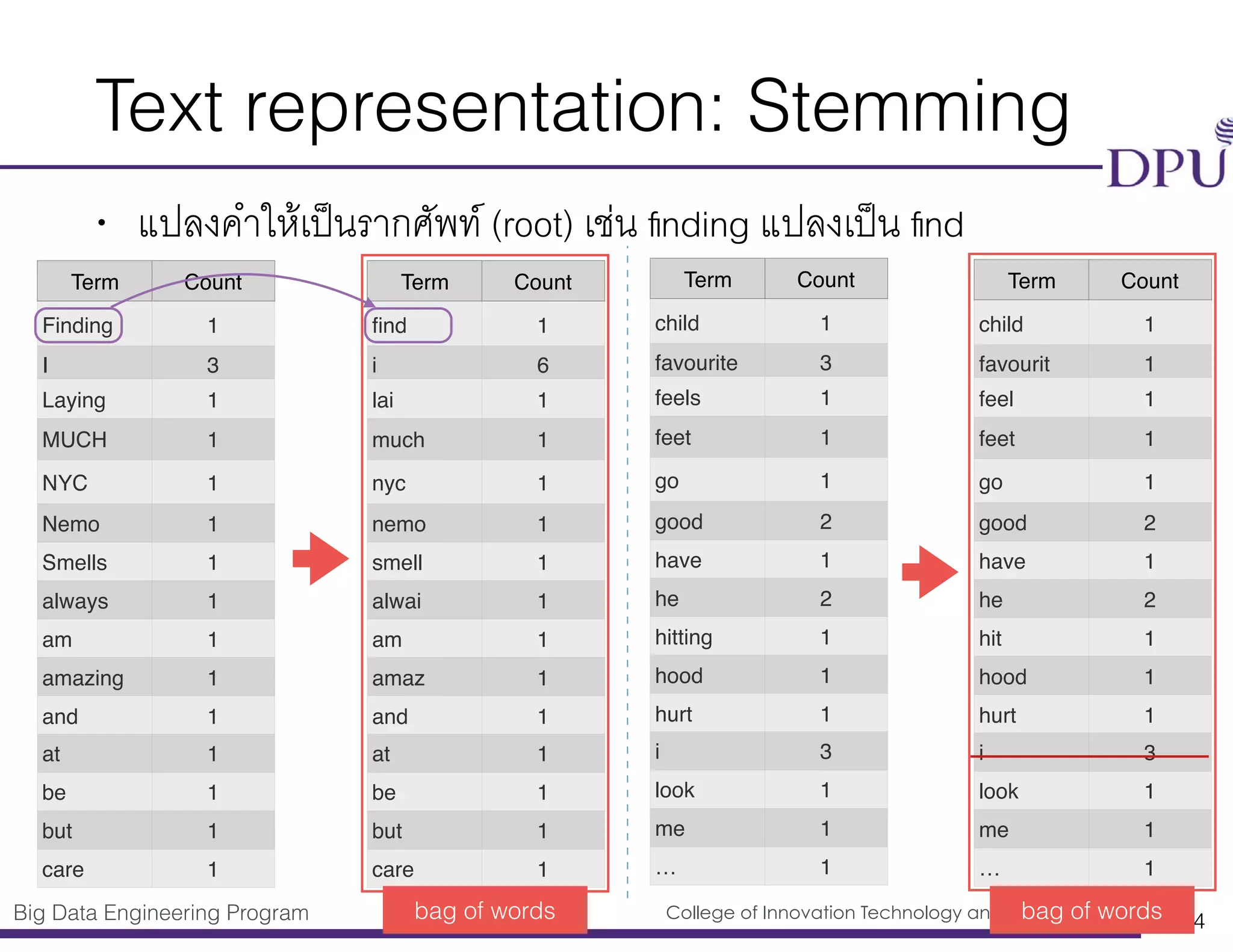 Big Data Engineering Program College of Innovation Technology and Engineering (CITE)
Text representation: Stemming
• แปลงคำให้เป็นรากศัพท์ (root) เช่น ﬁnding แปลงเป็น ﬁnd
64
Term Count
child 1
favourite 3
feels 1
feet 1
go 1
good 2
have 1
he 2
hitting 1
hood 1
hurt 1
i 3
look 1
me 1
… 1
Term Count
child 1
favourit 1
feel 1
feet 1
go 1
good 2
have 1
he 2
hit 1
hood 1
hurt 1
i 3
look 1
me 1
… 1
Term Count
Finding 1
I 3
Laying 1
MUCH 1
NYC 1
Nemo 1
Smells 1
always 1
am 1
amazing 1
and 1
at 1
be 1
but 1
care 1
Term Count
ﬁnd 1
i 6
lai 1
much 1
nyc 1
nemo 1
smell 1
alwai 1
am 1
amaz 1
and 1
at 1
be 1
but 1
care 1
bag of words bag of words
 