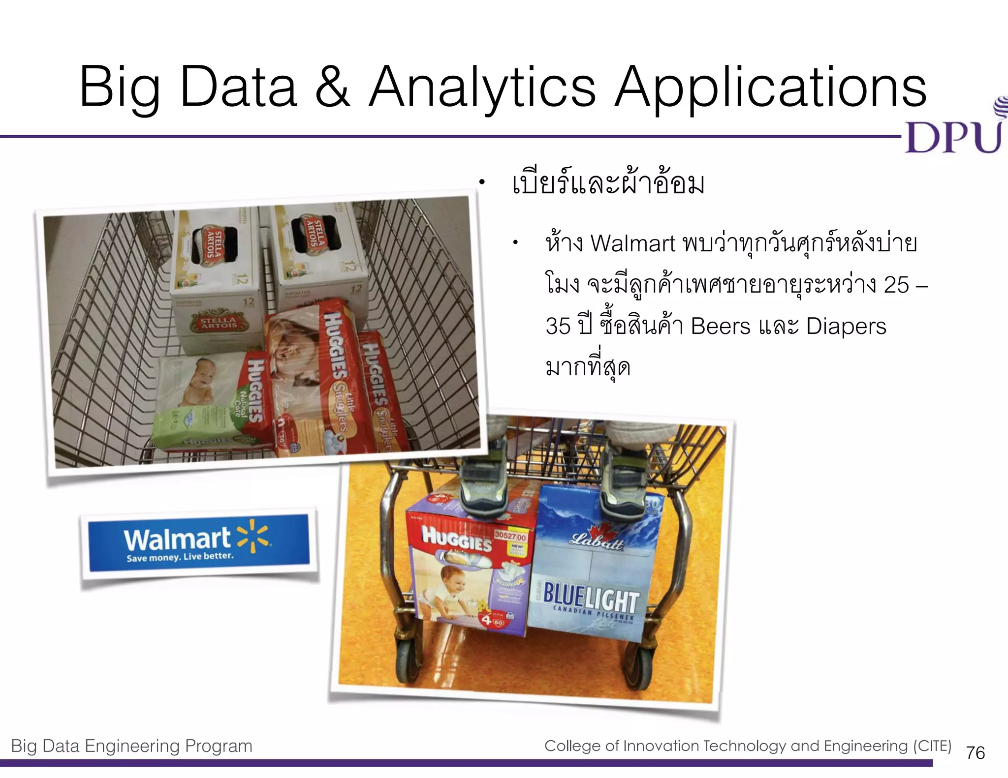 Big Data Engineering Program College of Innovation Technology and Engineering (CITE)
Big Data & Analytics Applications
• เบียร์และผ้าอ้อม
• ห้าง Walmart พบว่าทุกวันศุกร์หลังบ่าย
โมง จะมีลูกค้าเพศชายอายุระหว่าง 25 –
35 ปี ซื้อสินค้า Beers และ Diapers
มากที่สุด
76
 