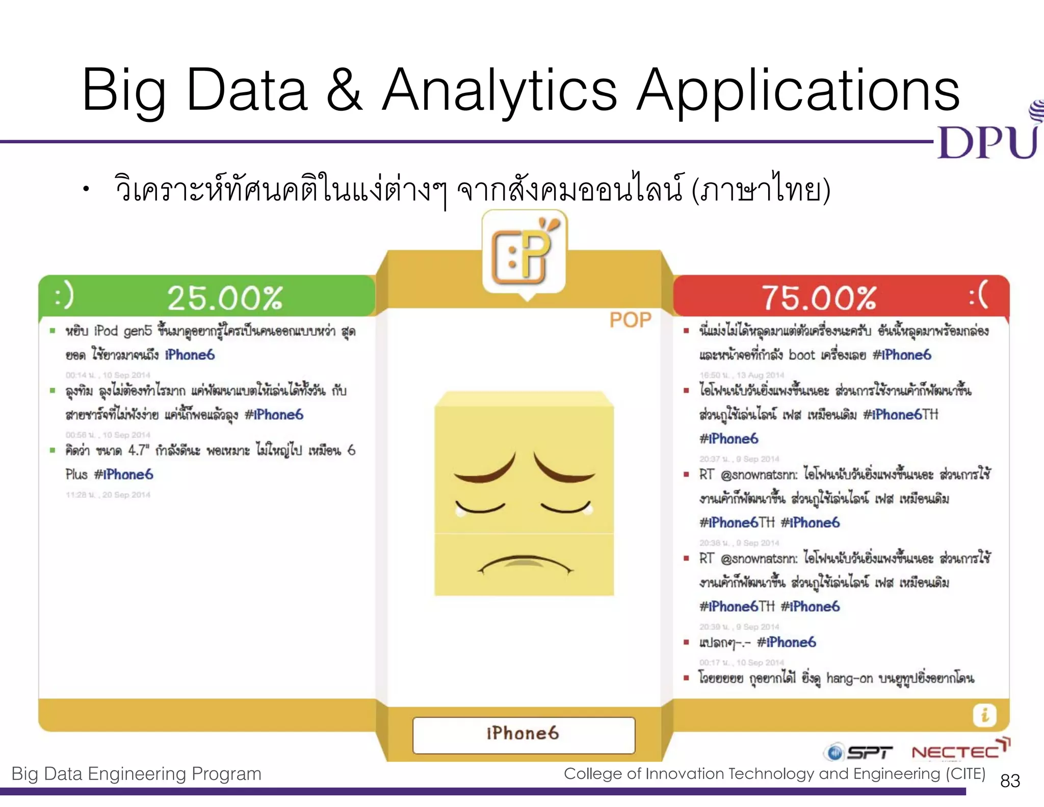 Big Data Engineering Program College of Innovation Technology and Engineering (CITE)
Big Data & Analytics Applications
• วิเคราะห์ทัศนคติในแง่ต่างๆ จากสังคมออนไลน์ (ภาษาไทย)
83
 