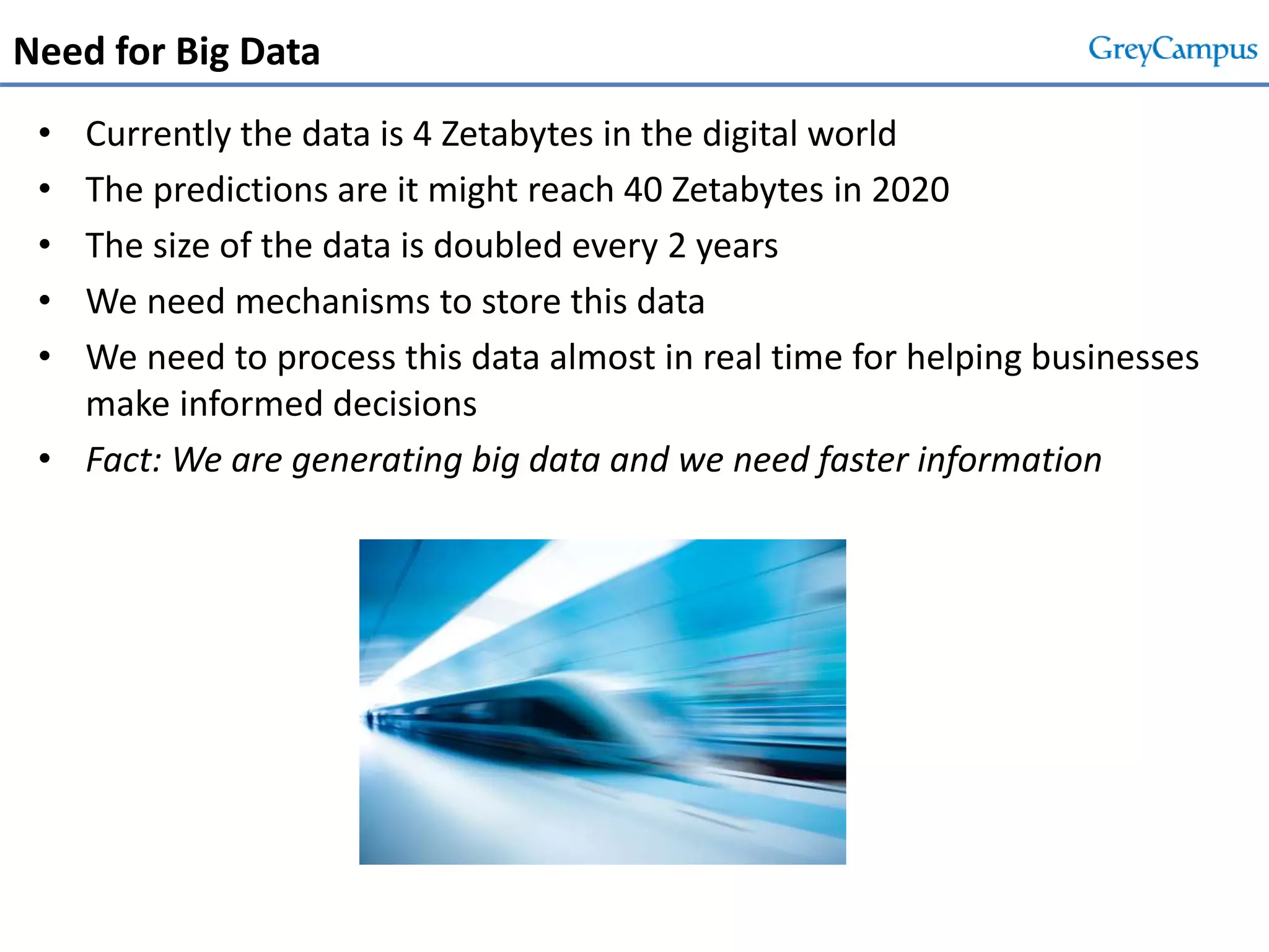 Need for Big Data
• Currently the data is 4 Zetabytes in the digital world
• The predictions are it might reach 40 Zetabytes in 2020
• The size of the data is doubled every 2 years
• We need mechanisms to store this data
• We need to process this data almost in real time for helping businesses
make informed decisions
• Fact: We are generating big data and we need faster information
 