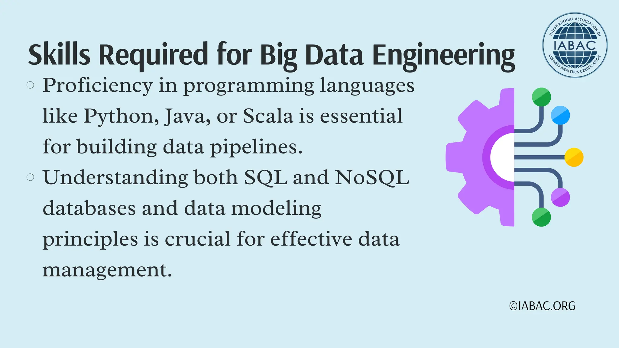 Proficiency in programming languages
like Python, Java, or Scala is essential
for building data pipelines.
Understanding both SQL and NoSQL
databases and data modeling
principles is crucial for effective data
management.
Skills Required for Big Data Engineering
©IABAC.ORG
 