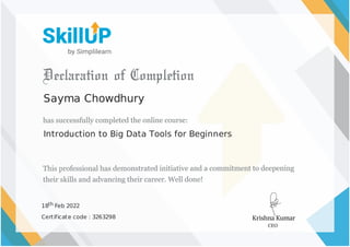 Sayma Chowdhury
Introduction to Big Data Tools for Beginners
18th Feb 2022
Certificate code : 3263298
 