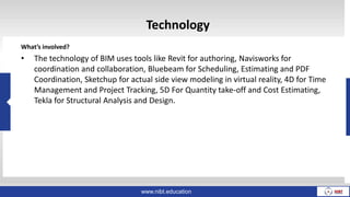 Technology
What’s involved?
• The technology of BIM uses tools like Revit for authoring, Navisworks for
coordination and collaboration, Bluebeam for Scheduling, Estimating and PDF
Coordination, Sketchup for actual side view modeling in virtual reality, 4D for Time
Management and Project Tracking, 5D For Quantity take-off and Cost Estimating,
Tekla for Structural Analysis and Design.
www.nibt.education
 