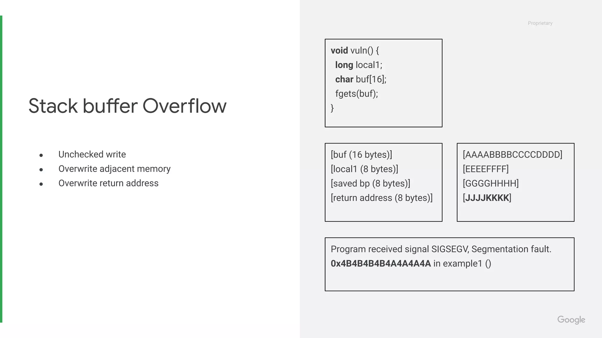 Proprietary
Proprietary
● Unchecked write
● Overwrite adjacent memory
● Overwrite return address
Stack buffer Overflow
void vuln() {
long local1;
char buf[16];
fgets(buf);
}
Program received signal SIGSEGV, Segmentation fault.
0x4B4B4B4B4A4A4A4A in example1 ()
[buf (16 bytes)]
[local1 (8 bytes)]
[saved bp (8 bytes)]
[return address (8 bytes)]
[AAAABBBBCCCCDDDD]
[EEEEFFFF]
[GGGGHHHH]
[JJJJKKKK]
 