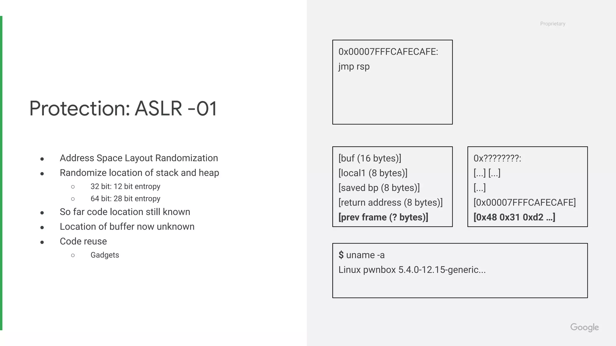 Proprietary
Proprietary
● Address Space Layout Randomization
● Randomize location of stack and heap
○ 32 bit: 12 bit entropy
○ 64 bit: 28 bit entropy
● So far code location still known
● Location of buffer now unknown
● Code reuse
○ Gadgets
Protection: ASLR -01
0x00007FFFCAFECAFE:
jmp rsp
$ uname -a
Linux pwnbox 5.4.0-12.15-generic...
[buf (16 bytes)]
[local1 (8 bytes)]
[saved bp (8 bytes)]
[return address (8 bytes)]
[prev frame (? bytes)]
0x????????:
[...] [...]
[...]
[0x00007FFFCAFECAFE]
[0x48 0x31 0xd2 …]
 