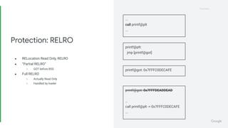 Proprietary
Proprietary
● RELocation Read Only, RELRO
● “Partial RELRO”
○ GOT before BSS
● Full RELRO
○ Actually Read Only
○ Handled by loader
Protection: RELRO
...
call printf@plt
...
printf@plt:
jmp [printf@got]
printf@got: 0x7FFFC0DECAFE
printf@got: 0x7FFFDEADDEAD
…
call printf@plt -> 0x7FFFC0DECAFE
...
 