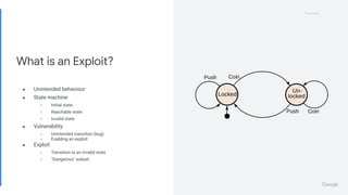 Proprietary
Proprietary
What is an Exploit?
● Unintended behaviour
● State machine
○ Initial state
○ Reachable state
○ Invalid state
● Vulnerability
○ Unintended transition (bug)
○ Enabling an exploit
● Exploit
○ Transition to an Invalid state
○ "Dangerous" subset
 