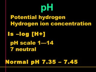 pH 
Potential hydrogen 
Hydrogen ion concentration 
Is –log [H+] 
pH scale 1—14 
7 neutral 
Normal pH 7.35 – 7.45 
 