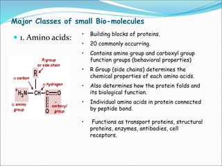Major Classes of small Bio-molecules
 1. Amino acids:
• Building blocks of proteins.
• 20 commonly occurring.
• Contains amino group and carboxyl group
function groups (behavioral properties)
• R Group (side chains) determines the
chemical properties of each amino acids.
• Also determines how the protein folds and
its biological function.
• Individual amino acids in protein connected
by peptide bond.
• Functions as transport proteins, structural
proteins, enzymes, antibodies, cell
receptors.
 