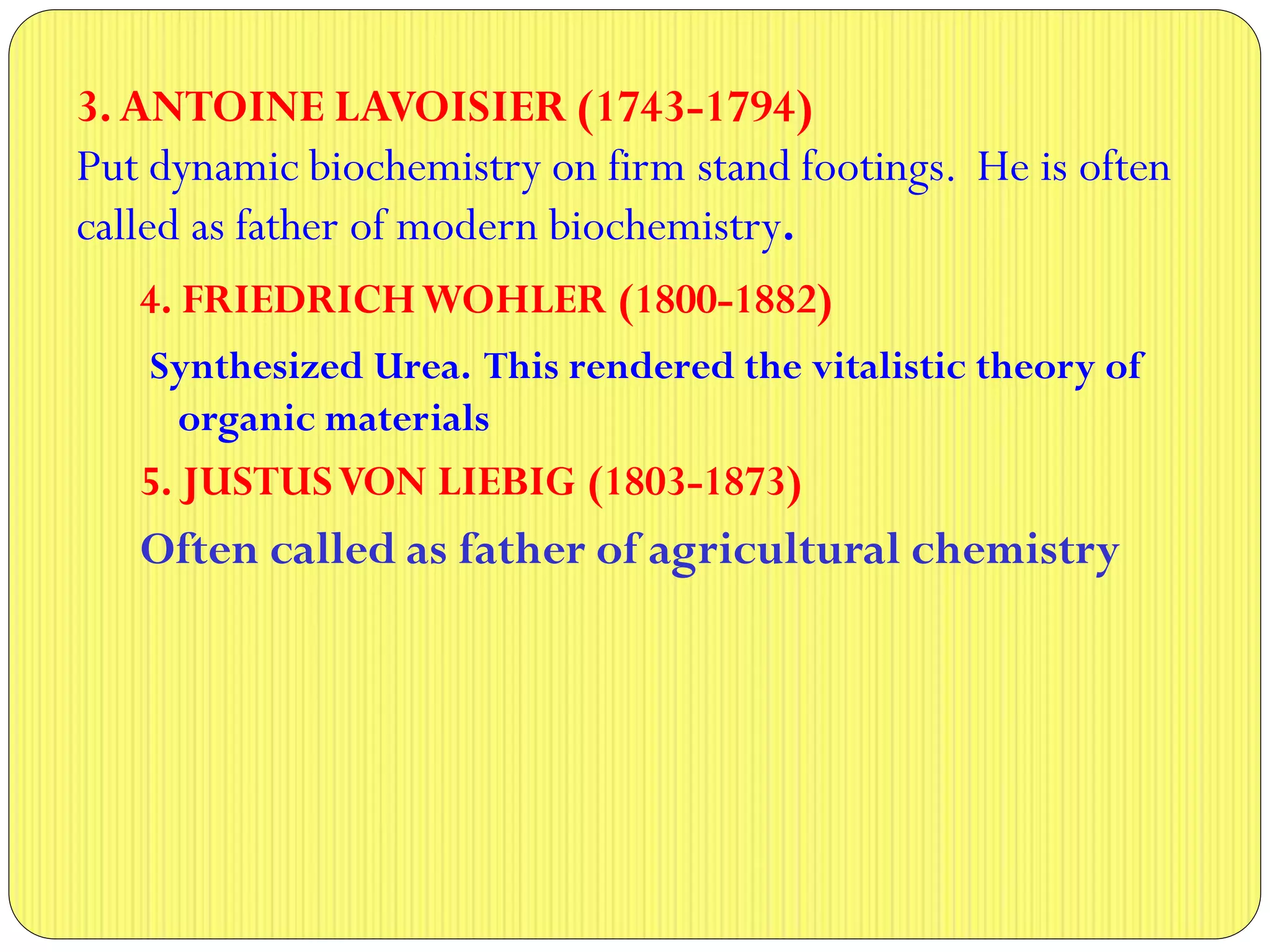 3.ANTOINE LAVOISIER (1743-1794)
Put dynamic biochemistry on firm stand footings. He is often
called as father of modern biochemistry.
4. FRIEDRICHWOHLER (1800-1882)
Synthesized Urea. This rendered the vitalistic theory of
organic materials
5. JUSTUSVON LIEBIG (1803-1873)
Often called as father of agricultural chemistry
 