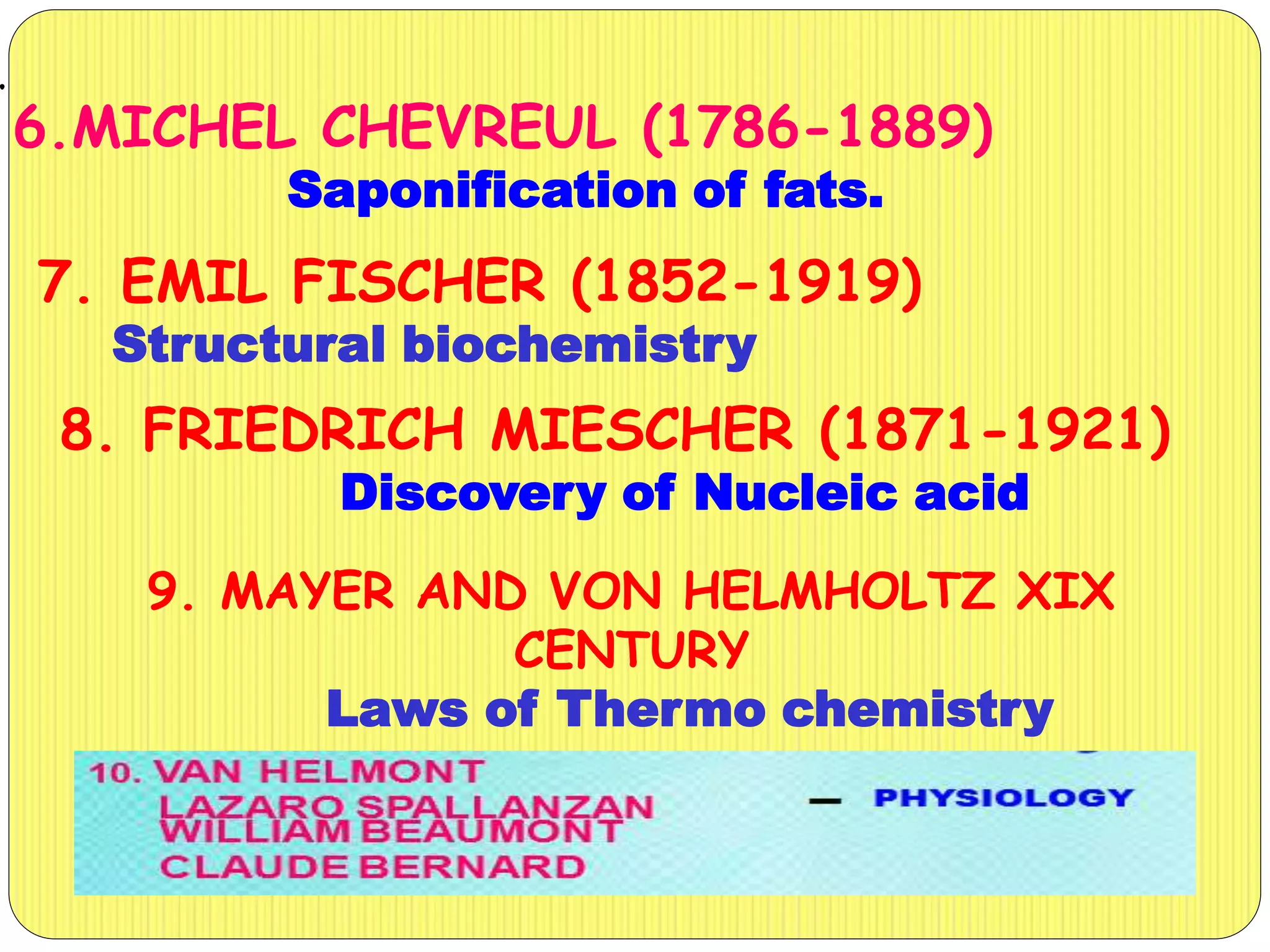 6.MICHEL CHEVREUL (1786-1889)
Saponification of fats.
7. EMIL FISCHER (1852-1919)
Structural biochemistry
9. MAYER AND VON HELMHOLTZ XIX
CENTURY
Laws of Thermo chemistry
8. FRIEDRICH MIESCHER (1871-1921)
Discovery of Nucleic acid
 