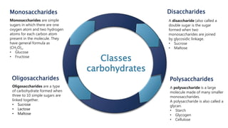 Disaccharides
Oligosaccharides Polysaccharides
Classes
carbohydrates
Monosaccharides
Monosaccharides are simple
sugars in which there are one
oxygen atom and two hydrogen
atoms for each carbon atom
present in the molecule. They
have general formula as
(CH2O)n.
• Glucose
• Fructose
Oligosaccharides are a type
of carbohydrate formed when
three to 10 simple sugars are
linked together.
• Sucrose
• Lactose
• Maltose
A disaccharide (also called a
double sugar is the sugar
formed when two
monosaccharides are joined
by glycosidic linkage.
• Sucrose
• Maltose
A polysaccharide is a large
molecule made of many smaller
monosaccharides.
A polysaccharide is also called a
glycan.
• Starch
• Glycogen
• Cellulose
 