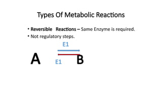 Types Of Metabolic Reactions
• Reversible Reactions – Same Enzyme is required.
• Not regulatory steps.
E1
A E1 B
 