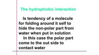 The hydrophobic interaction
Is tendency of a molecule
for folding around it self to
hide the non-polar part from
water when put in solution
In this case the polar part
come to the out side to
contact water
 