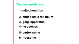The organells are:
1- mitochondrion
2- endoplsmic reticulum
3- golgi apparatus
4- lysosomes
5- perioxisome
6- ribosome
 