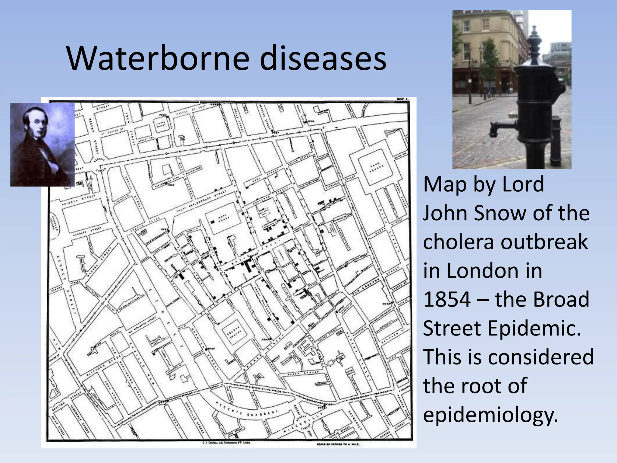 Waterborne diseases
Map by Lord
John Snow of the
cholera outbreak
in London in
1854 – the Broad
Street Epidemic.
This is considered
the root of
epidemiology.
 