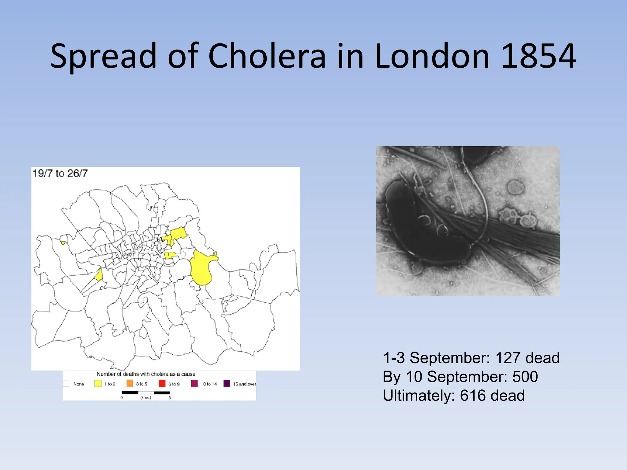 Spread of Cholera in London 1854
1-3 September: 127 dead
By 10 September: 500
Ultimately: 616 dead
 