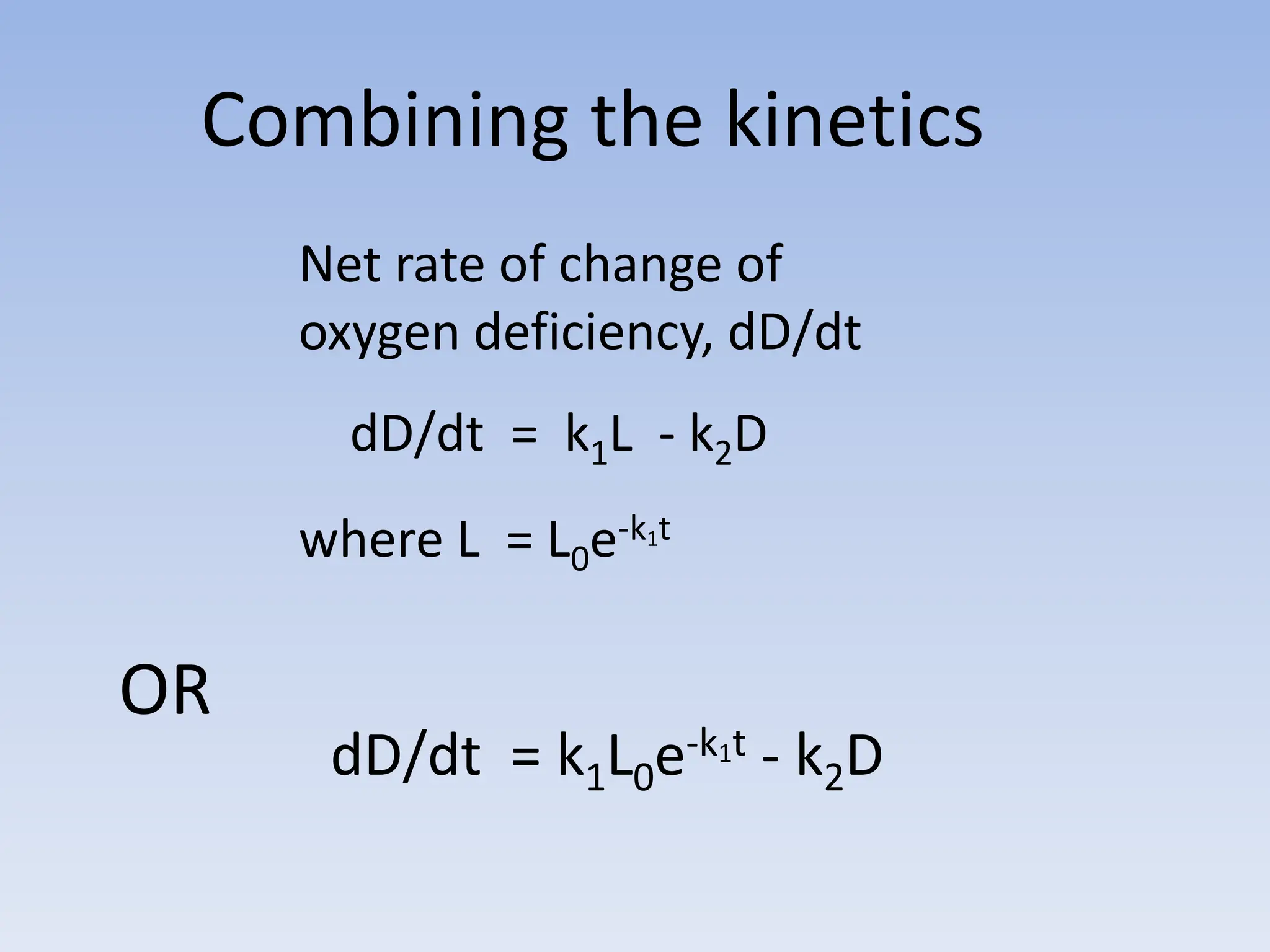 Combining the kinetics
OR
Net rate of change of
oxygen deficiency, dD/dt
dD/dt = k1L - k2D
where L = L0e-k1t
dD/dt = k1L0e-k1t - k2D
 